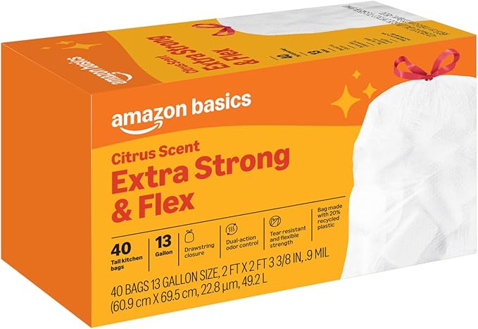 Amazon Basics Extra Strong & Flex Tall Kitchen Drawstring Trash Bags, Citrus