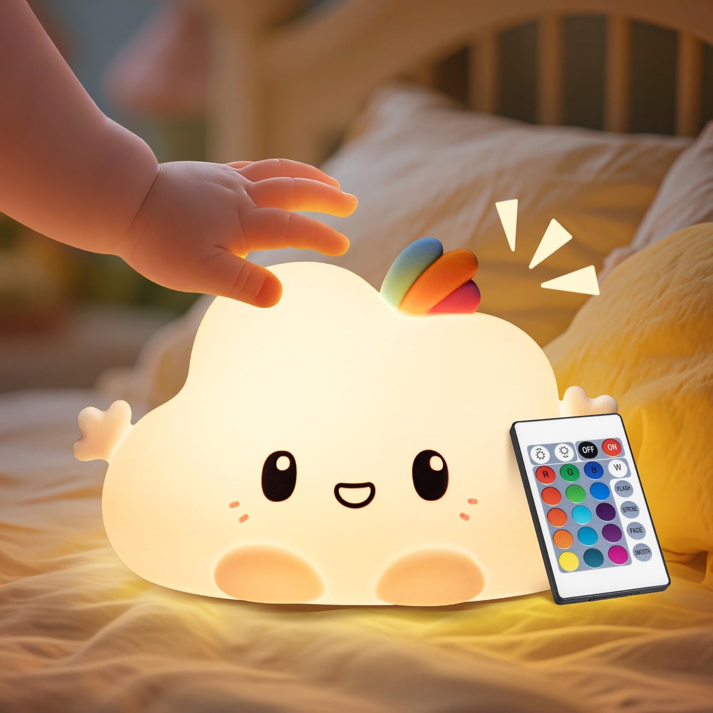 One Fire Baby Night Light Kids, 16 Colours+Remote Control+Silicone+Dimmable+12H Use Kids Night Light, Bedroom Lamp Girls Bedroom Accessories Cloud Gifts for Girls Kawaii Baby Gifts 0-6 Months