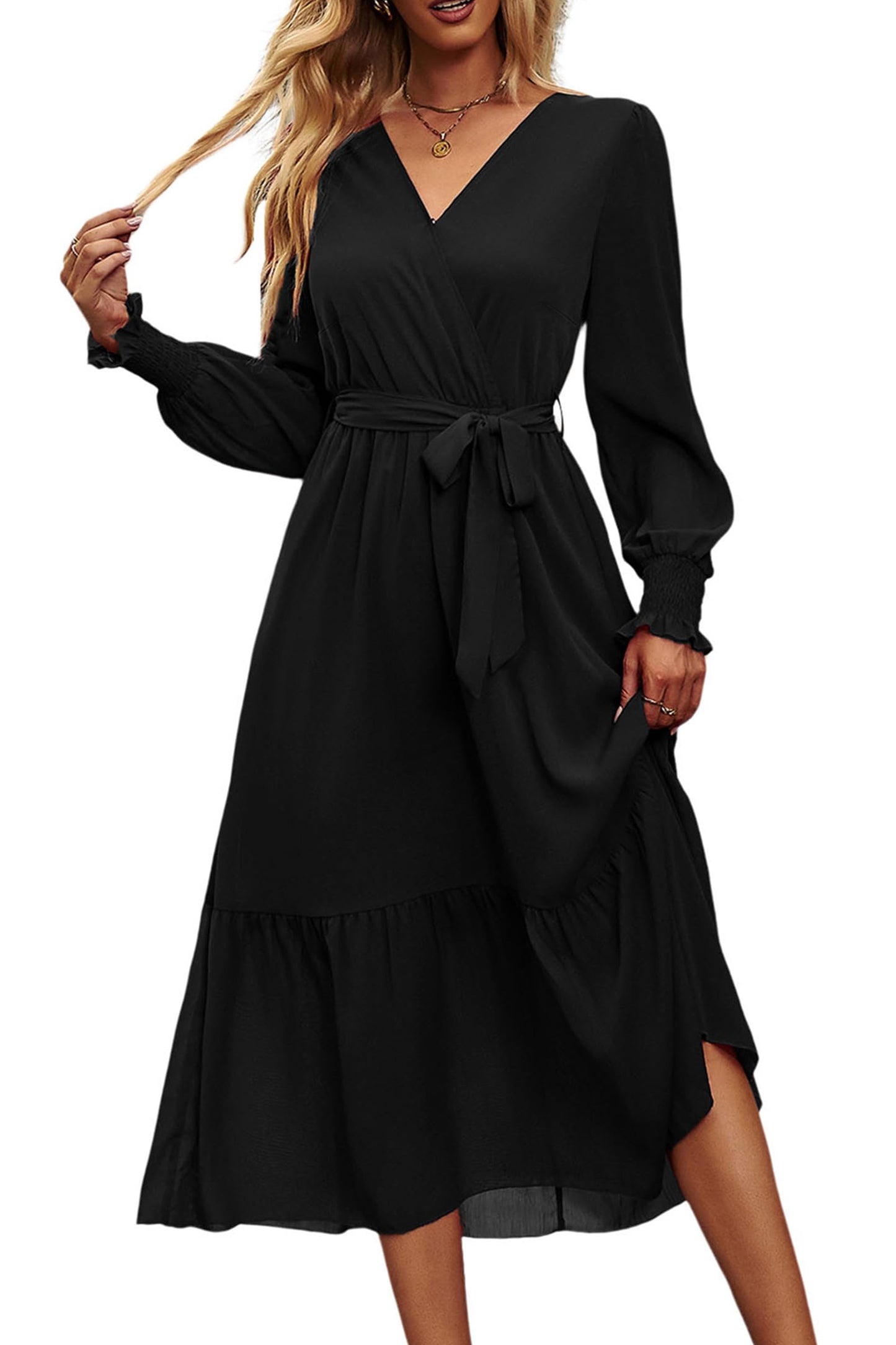 PRETTYGARDEN Women's Floral Boho Dress Fall Long Sleeve Wrap V Neck Ruffle Flowy Maxi Spring Wedding Guest Vacation Dresses (Solid Black,Medium)
