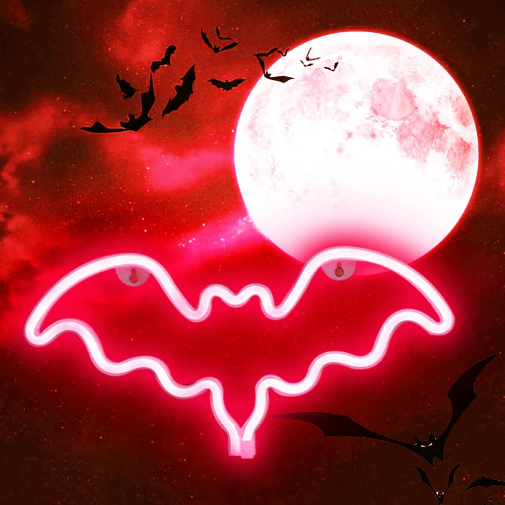 Vicila LED Neon Bat Lights Christmas, Bat Shape Neon Signs Night Lights Battery Operated Desk Table Lamp for Bedroom, Bar, Wall, Nursery Room Decor-Bat(Red)