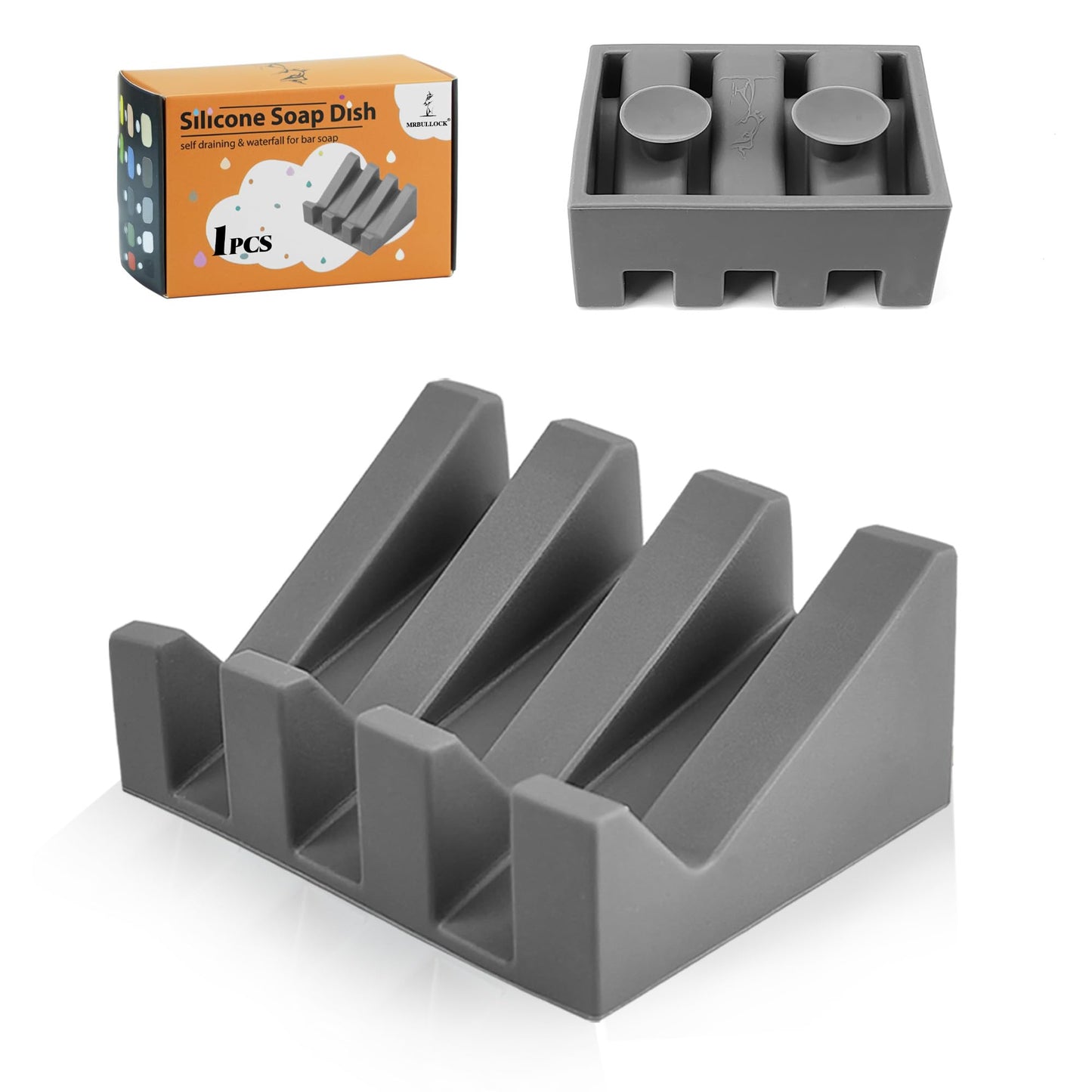 Self Draining Silicone Soap Dish with Suction Cups - Non-Slip Bar Soap Holder for Shower & Kitchen, Waterfall Tray Keeps Soap Dry, Easy Clean, Extends Soap Life (Gray, 1)