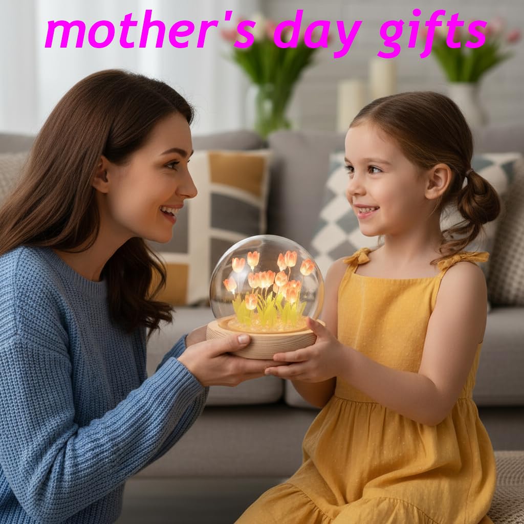 LOGAZOO Mothers Day Gifts for Mom – Tulip Lamp with Glass Dome, 20 LED Flower Night Light, Gift for Mom from Daughter Son, Birthday Christmas Holiday Gifts for Women, Bedroom Desk Decor