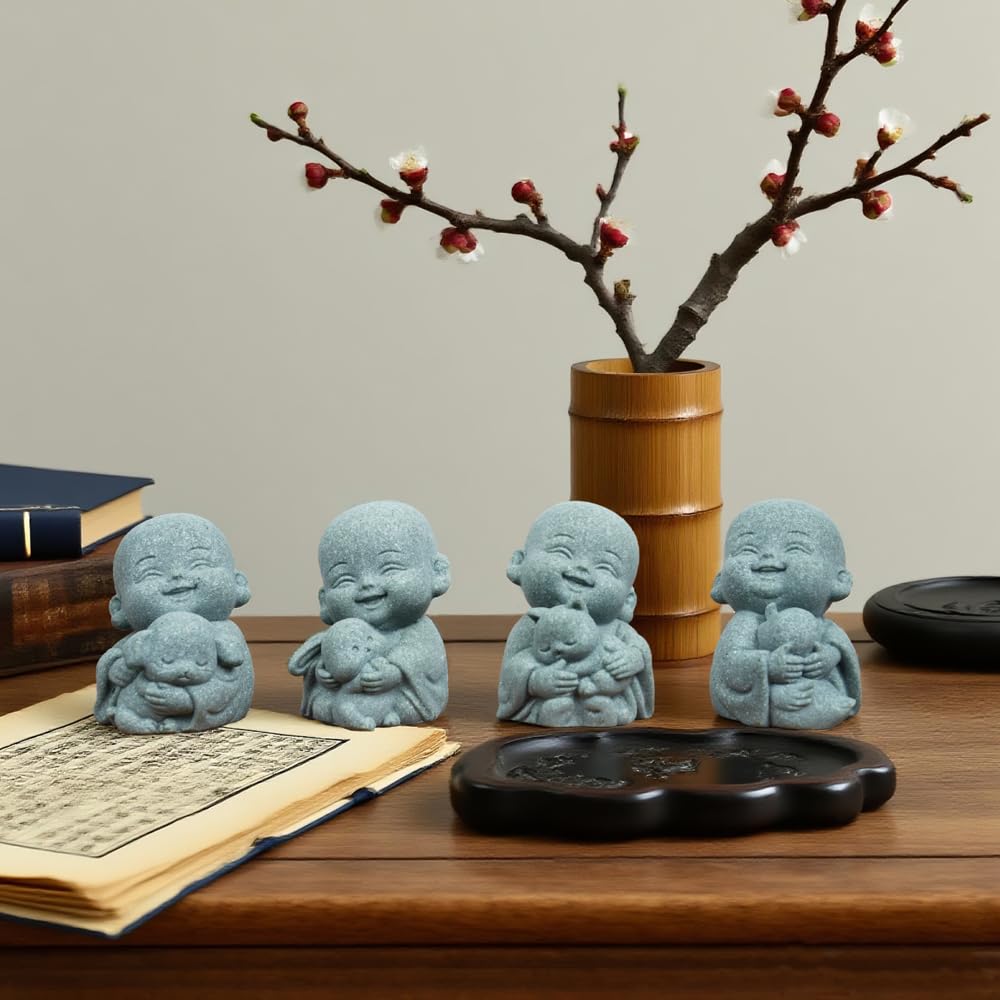 FADECOR 4pcs Mini Buddha Statue with Animal Companion, Aquarium Decor, Feng Shui Zen Monk Sandstone Sculpture, Cute Small Fish Tank Ornament for Home Garden, Buddha Decoration