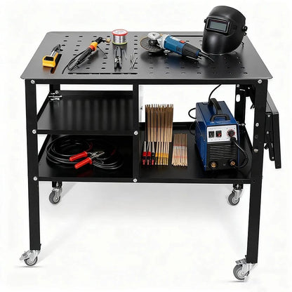 Portable Welding Table with Foldable Side Panels, Mobile Workbench Cart with Wheels for Factory, Garage & Welding Applications，Black,34'L × 24'W × 33.5'H