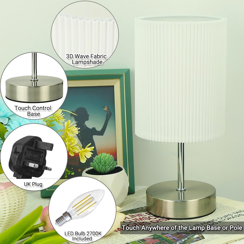 HSLighting Bedside Lamps, Touch Control Table Lamp 3-Way Brightness Dimmable Small Lamp with Metal Base LED Desk Lamp Minimalist Nightstand for Bedroom Living Room Gift Decor, Dimmable Bulb Included