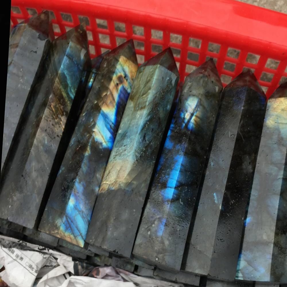 4Pcs 5.9 Inch Natural Crystal Obelisk Tower Set, Polished Hexagonal Point Wand, Obsidian Labradorite Amethyst Tiger's Eye Stone, Reiki Healing Crystal Obelisk Statue, Home Desktop Decor Spiritual Gift