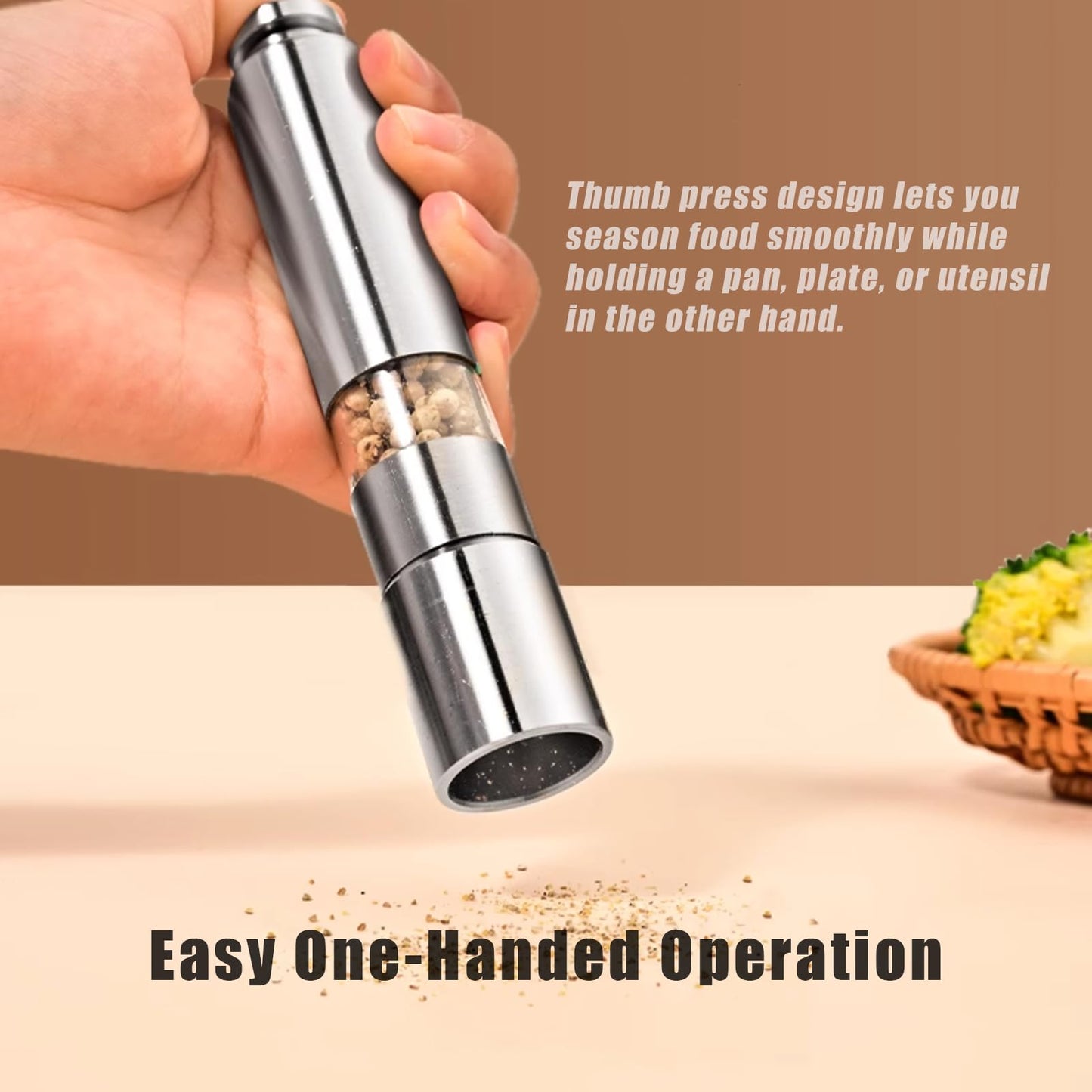 Salt and Pepper Grinder Set, Pump & Grind Peppermill, 2 Refillable Stainless Steel Mills with Thumb Press, One-Handed Salt and Pepper Grinder with Clear Acrylic Stand for Kitchen and Dining