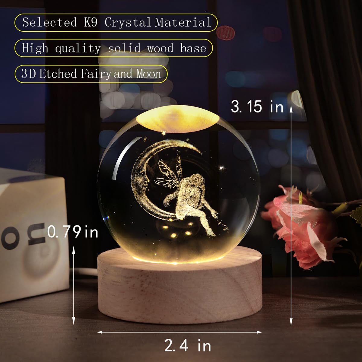 QIANCHANG 3D Fairy Crystal Ball with LED Stand, Fairies Figurines Lamp Night Light, Fairy Moon Decor Glass Sphere Balls Gifts for Women Girls Mom Kids(60mm)
