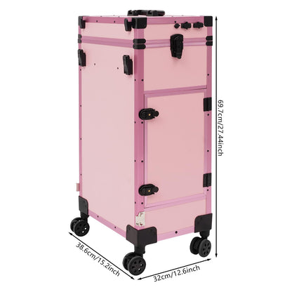faoeqqEga 3 Tier Rolling Makeup Case w/Mirror, 110 Lbs Foldable Beauty Station w/Lighted Vanity, Aluminum Frame Travel Cosmetic Organizer for Stylist & Salon (Pink)