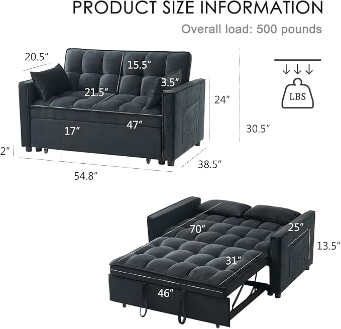 Futon Sofa Bed, Modern 3 in 1 Convertible Sleeper Sofa, Pull Out Couch Bed