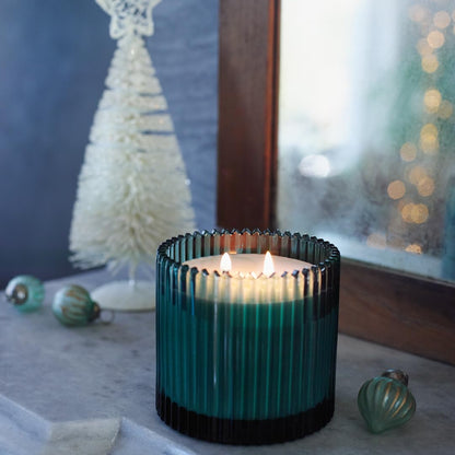 Roland Pine Two-Wick Forest Green Ribbed Glass Candle
