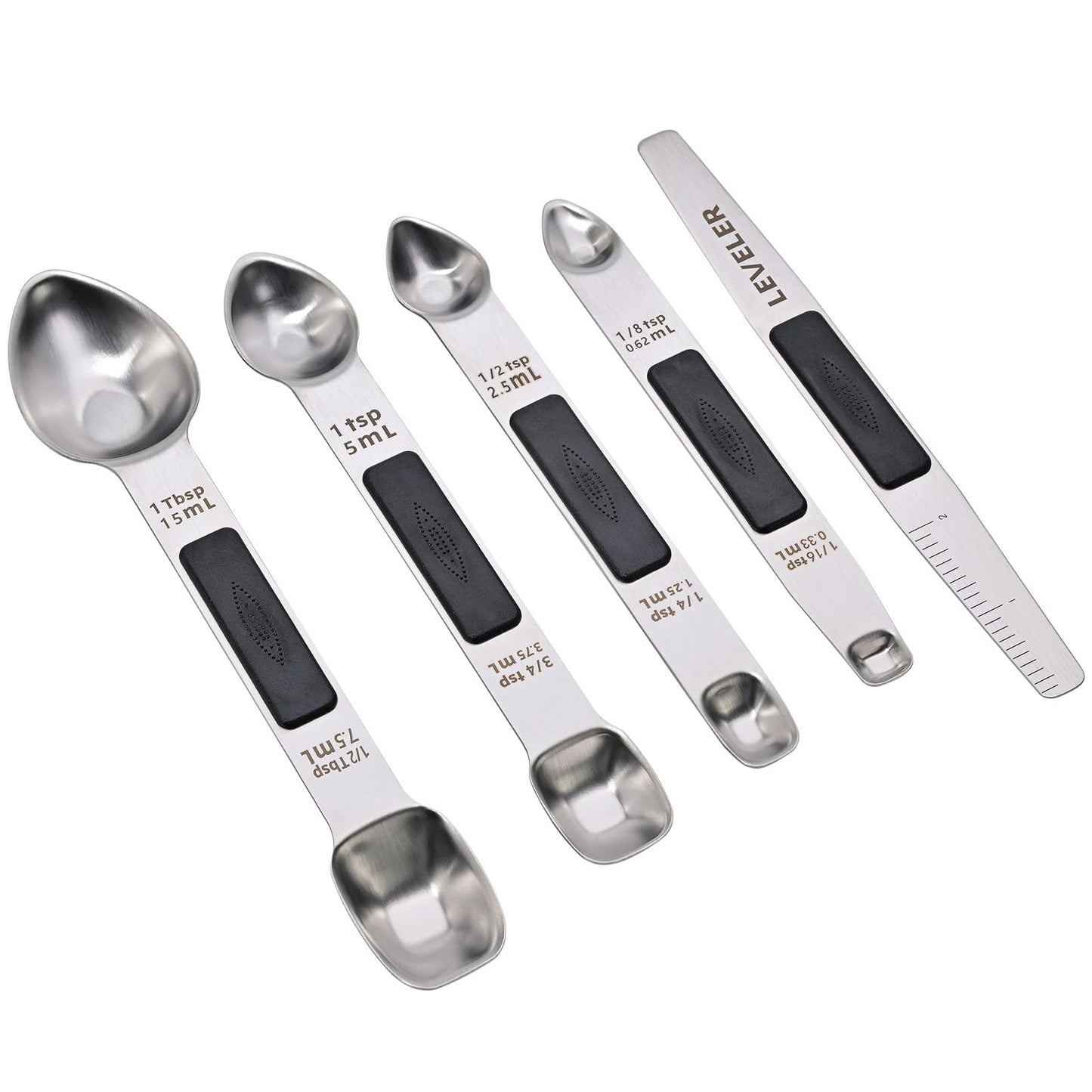 Mafier Magnetic Measuring Spoons,Stainless Steel Dual Sided Tablespoons,Extra Long Handle for Deep Jars,Heart-Shaped&Square Heads that More Easier to Excavate,Laser Markings,Non-Slip Grip(set of 5)