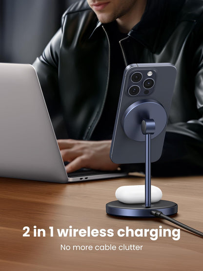 UGREEN MagFlow 2-in-1 Magnetic Wireless Charging Station, Fast Wireless Charger for iPhone 16 15 14 13 12 Series and AirPods, MagSafe Compatible Qi Charging Stand with 3 FT USB-C Cable (No AC Adapter)