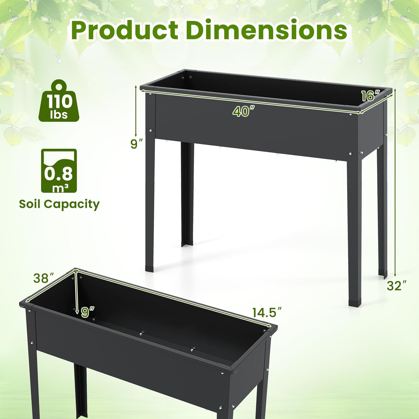 HAPPYGRILL Raised Garden Bed, Metal Elevated Planter Box w/Legs, Drainage Holes for Growing Vegetables Fruits Flowers, Indoor Outdoor Standing Plant Container for Backyard Patio (Black, 40”x16”x32”)
