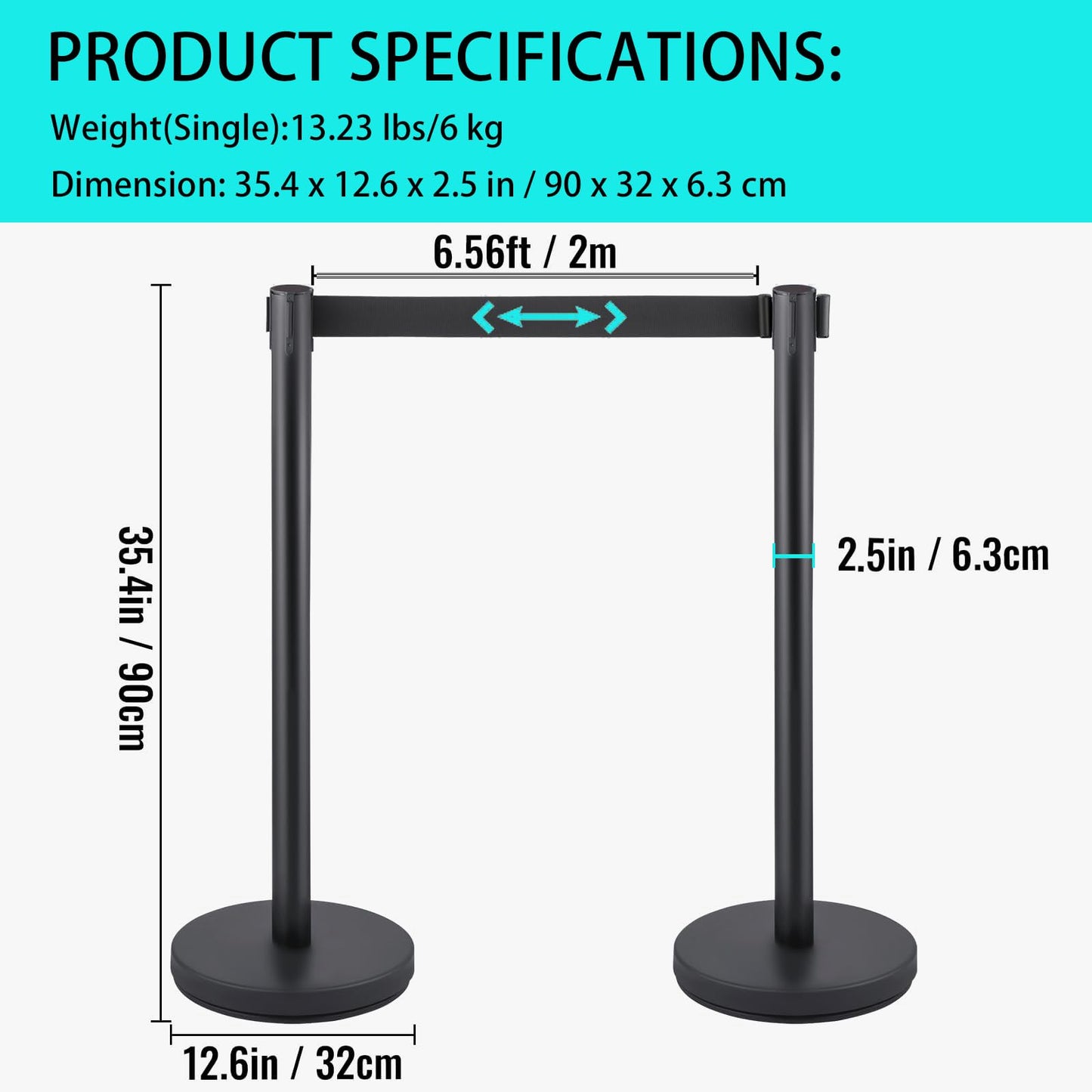 EliteEdge Crowd Control Stanchions, Stanchion Queue Post with Retractable Belts 6.5Ft, Easy Assembly, Crowd Control Barriers, Height 36 Inches, for Crowd Control Barriers, Pack of 2, Black