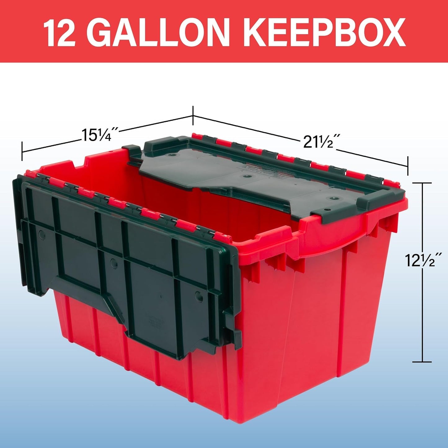Akro-Mils KeepBox 12 Gallon Storage Container, Nesting and Stackable Plastic Storage Box with Lid Attached, Organizer Tote for Garages, Closets, and Moving, 21-1/2" x 15" x 12-1/2", Red/Green