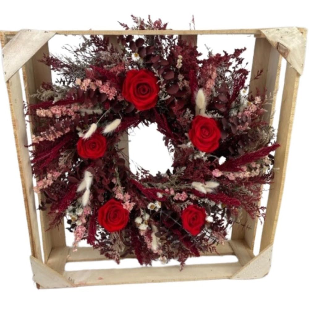All Natural Preserved Red Rose Wreath, Handmade with Real Preserved Roses and Burgundy Eucalyptus, 20 Inch Dried Floral Wreath for Front Door and Wall Decor