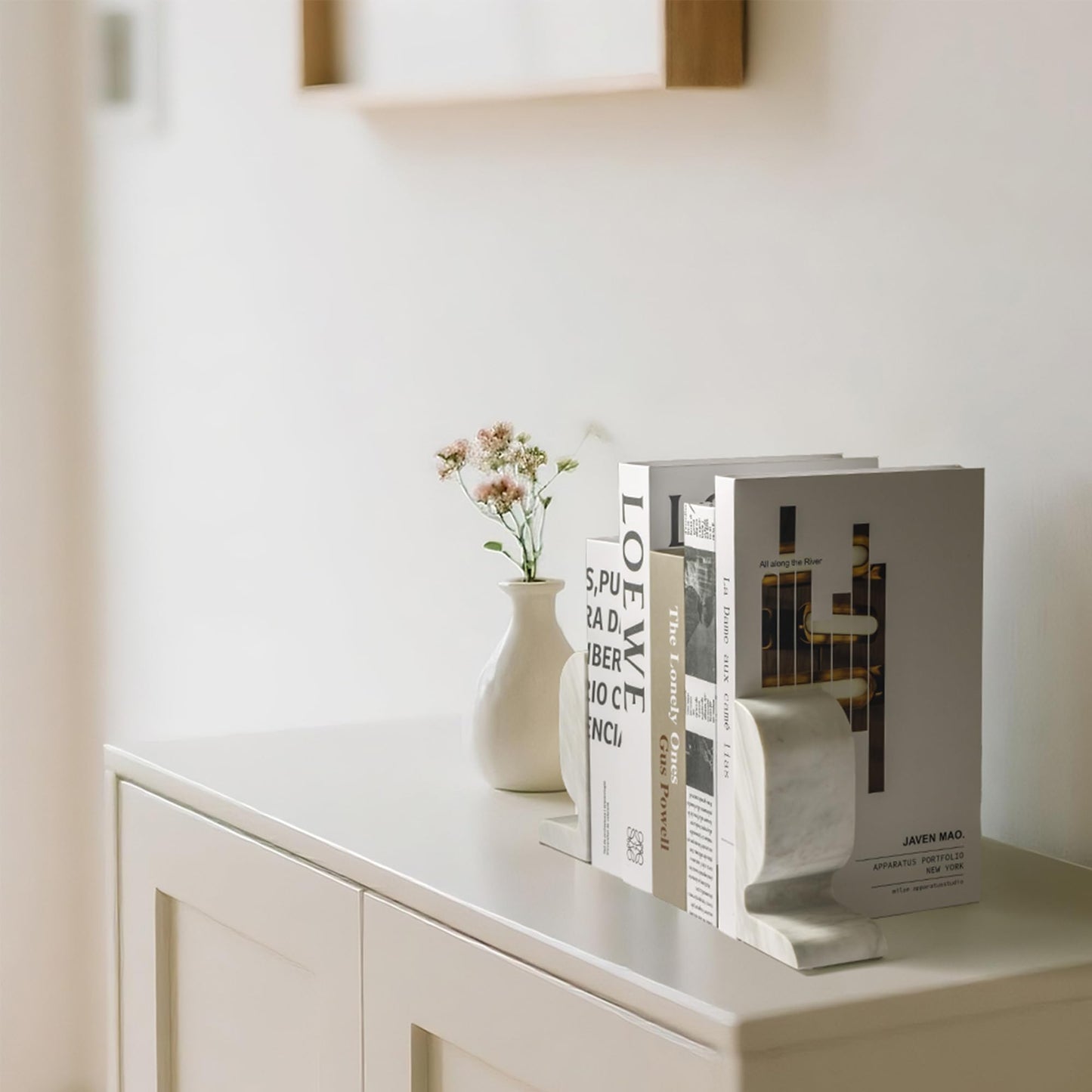 WORHE Marble Bookend for Shelves, Large Book Shelf Holder for Heavy Books, Natural Stone Book Stopper for Books CD Movies, Aesthetic Decorative Book Ends, Bookshelf Table Home Decor White (WH089)