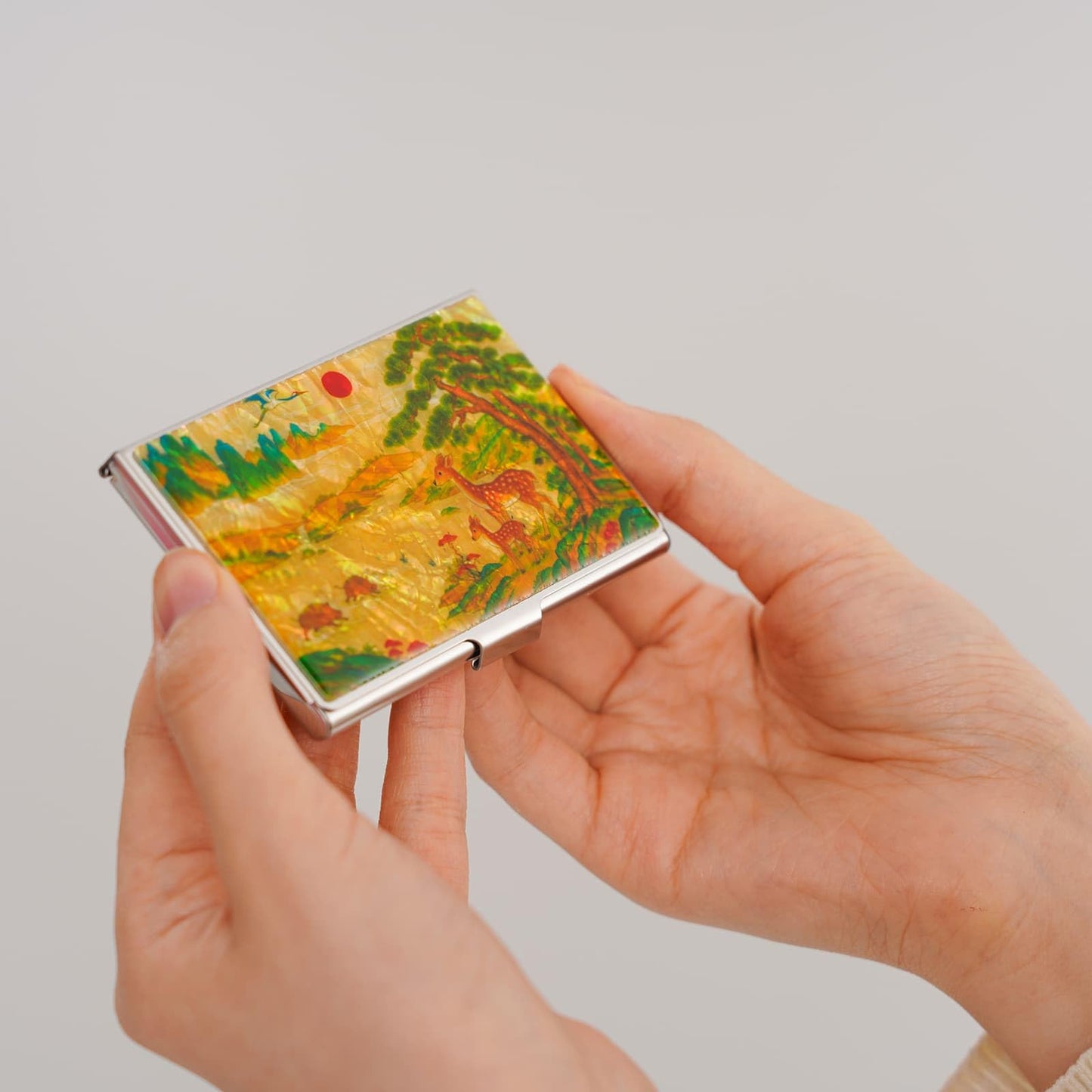February Mountain Mother-of-Pearl Business Card Holder – Korean Deer and Mountain Landscape | Unique Asian Art Office Gift for Men & Women | Elegant Card Case for Professionals