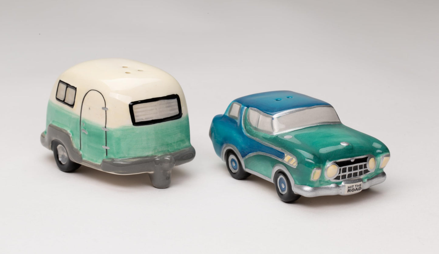 Fine Ceramic Happy Camper Car with Camping Trailer Salt and Pepper Shakers Set