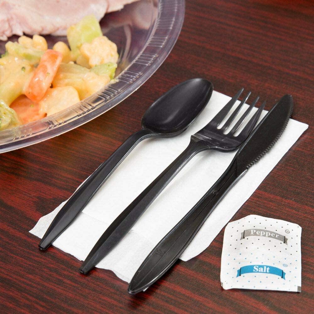 Supellectilem 250 Plastic Cutlery Packets-Knife Fork Spoon Napkin Salt Pepper Sets|Black Silverware Sets Individually Wrapped Kits, Utensil Set Disposable Bulk To Go, 250-BCP-KFSSP