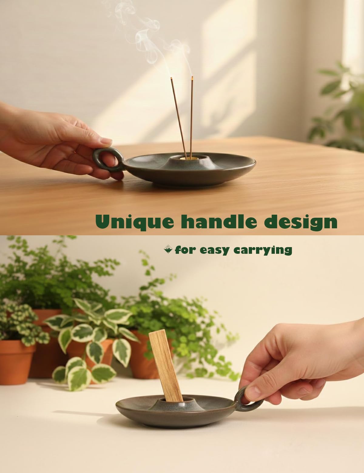 Klin-Transformation Glaze Green Incense Holder，Handcrafted Ceramic with Unique Flowing Colors & Handle for Sage, Palo Santo, Good for Meditation & Yoga Gift