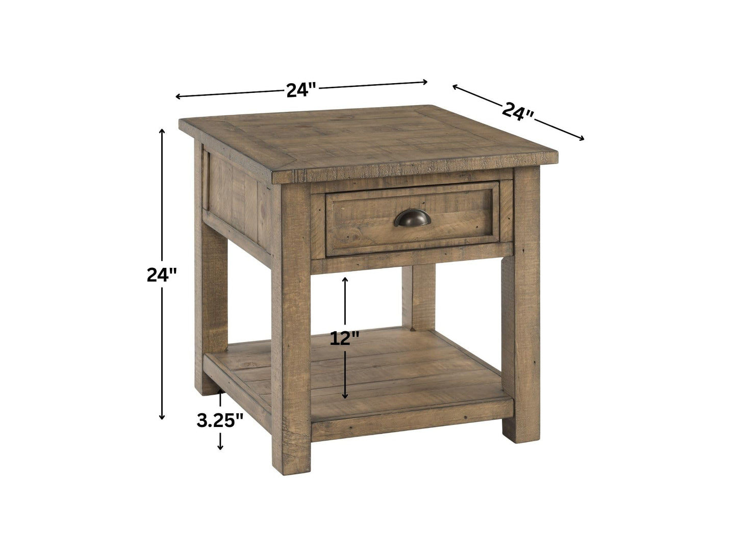 Monterey Farmhouse Rustic End Table, Solid Pine Wood Coastal Side Table with Drawer and Shelf. Reclaimed Natural.