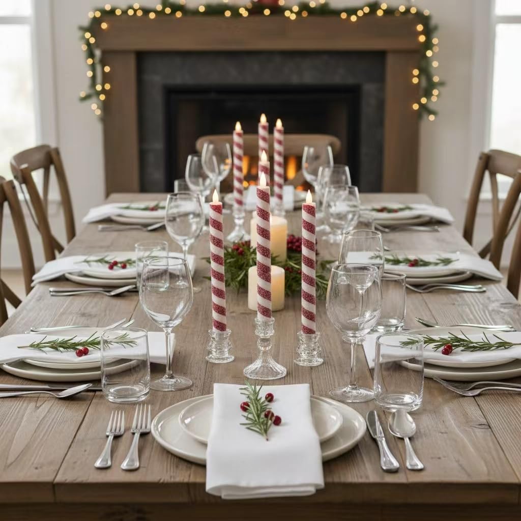 IUJOCQL 6 Pcs 10.6 Inch Christmas Flameless Taper Candles, Candy Cane Red & White Stripes Flickering LED Candles Battery Operated for Xmas Centerpiece, Holiday Party, Wedding, Home Decoration