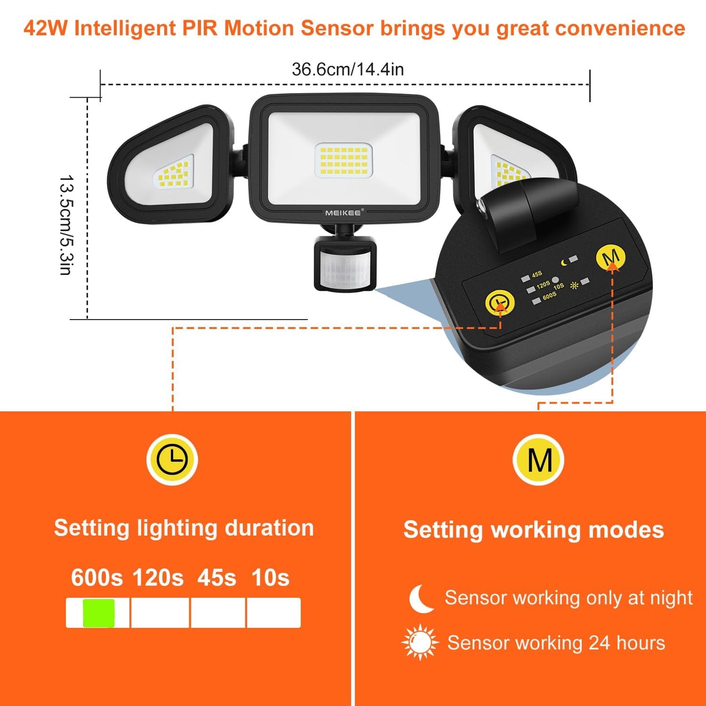 MEIKEE 42W Led Security Lights with Motion Sensor Black PIR Floodlights Outdoor Lights IP66 Waterproof 6500K 180° Adjustable Garden Light for Garage Corridors Terraces Courtyards