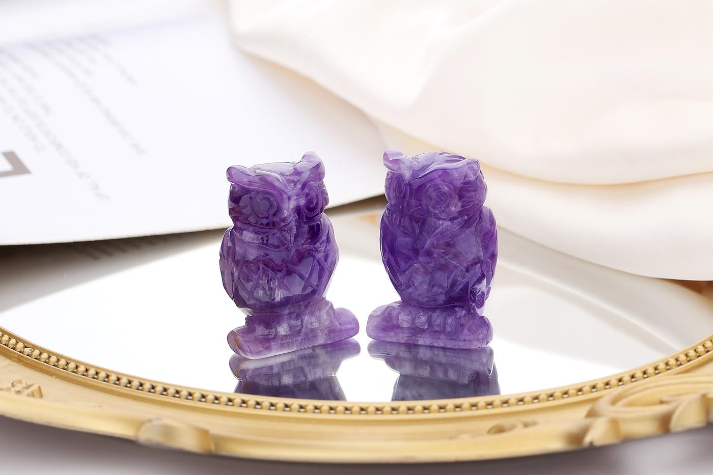 QINJIEJIE Bundle of Amethyst Crystal Tree and Owl Decor Stone Figurines Natural Reiki Gemstone Tree Life Stone Base Copper Wire Office Desk Room Feng Shui Home Decor Gifts