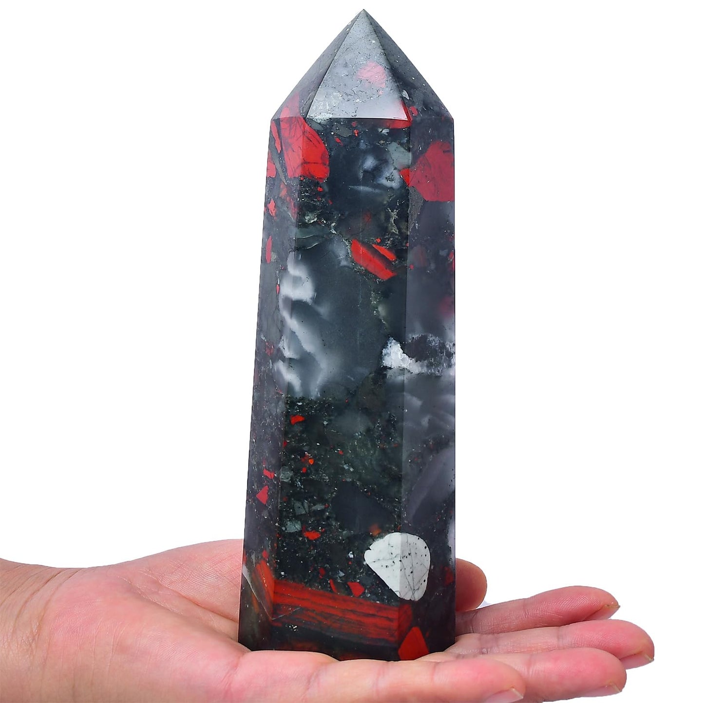 FZBHRO Large Crystal Towers Africa Blood Stone 6 Faceted Quartz Point Obelisk Red Healing Crystal Wand 2.2-2.6 Pound