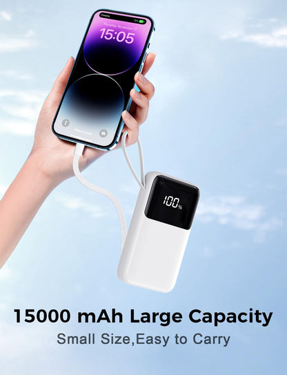 Power Bank, 15000mAh Portable Charger with Built in Cable, 22.5W Fast Charging, 6 Outputs, Slim Travel Essential Battery Pack with LED Display, Compatible with iPhone 17/16/15/14/13, Samsung, iPad
