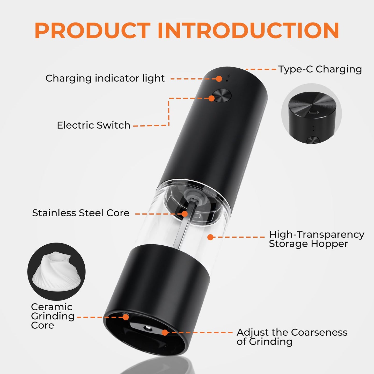 Electric Salt and Pepper Grinder Set, Rechargeable Automatic Grinders with Charging Base, Adjustable Coarseness, One-Hand Operation, Refillable Ceramic Spice Mills for Salt, Pepper and Dry Seasonings