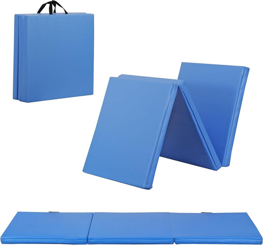 Tri-Fold Folding 2 inch Thick Exercise Mat 6' x 2' with Carrying Handles for Gymnastics, Aerobics, Yoga, Martial Arts, MMA, Stretching, Core Workouts (Blue)