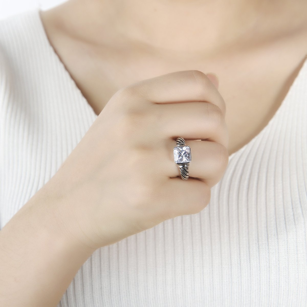 UNY Jewel Twisted Cable Wire Petite CZ Ring Designer Inspired Fashion Brand Christmas Valentine Women Dupes Jewelry Gift (Black, 7)