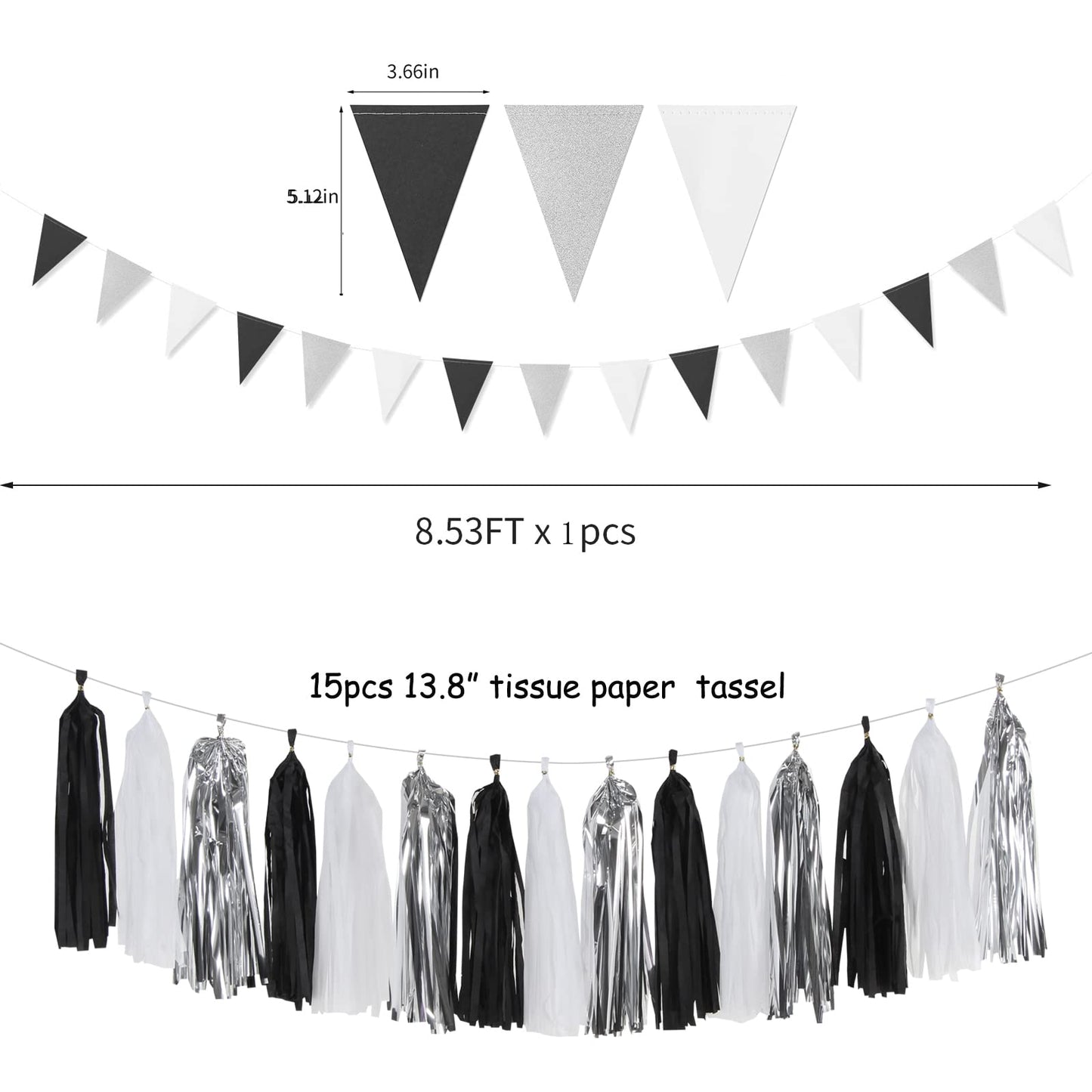 Black White Silver Party-Decorations Streamers - 23pcs Tissue Pom Poms, Graduation Men Boys Birthday Tassel Garland Banner,Wedding Baby Bridal Shower New Years Decor Lasting Surprise