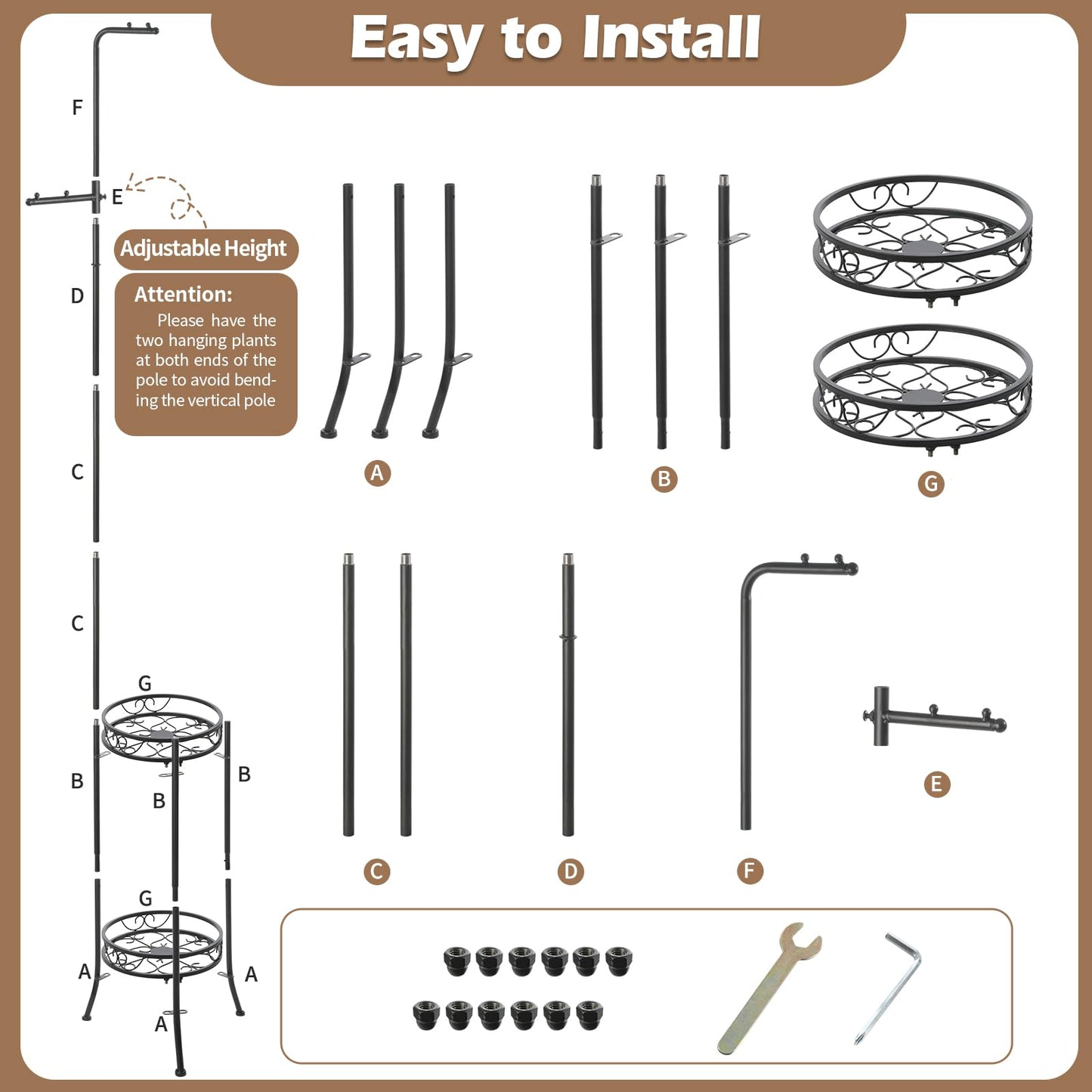 CZWL&HG Hanging Plant Stand Adjustable 2-Tier 72" Metal Shelf -Tall Indoor/Outdoor Plant Rack with Hangers for 4 Potted Flowers, Corner Shelf for Living Room & Patio (Black)