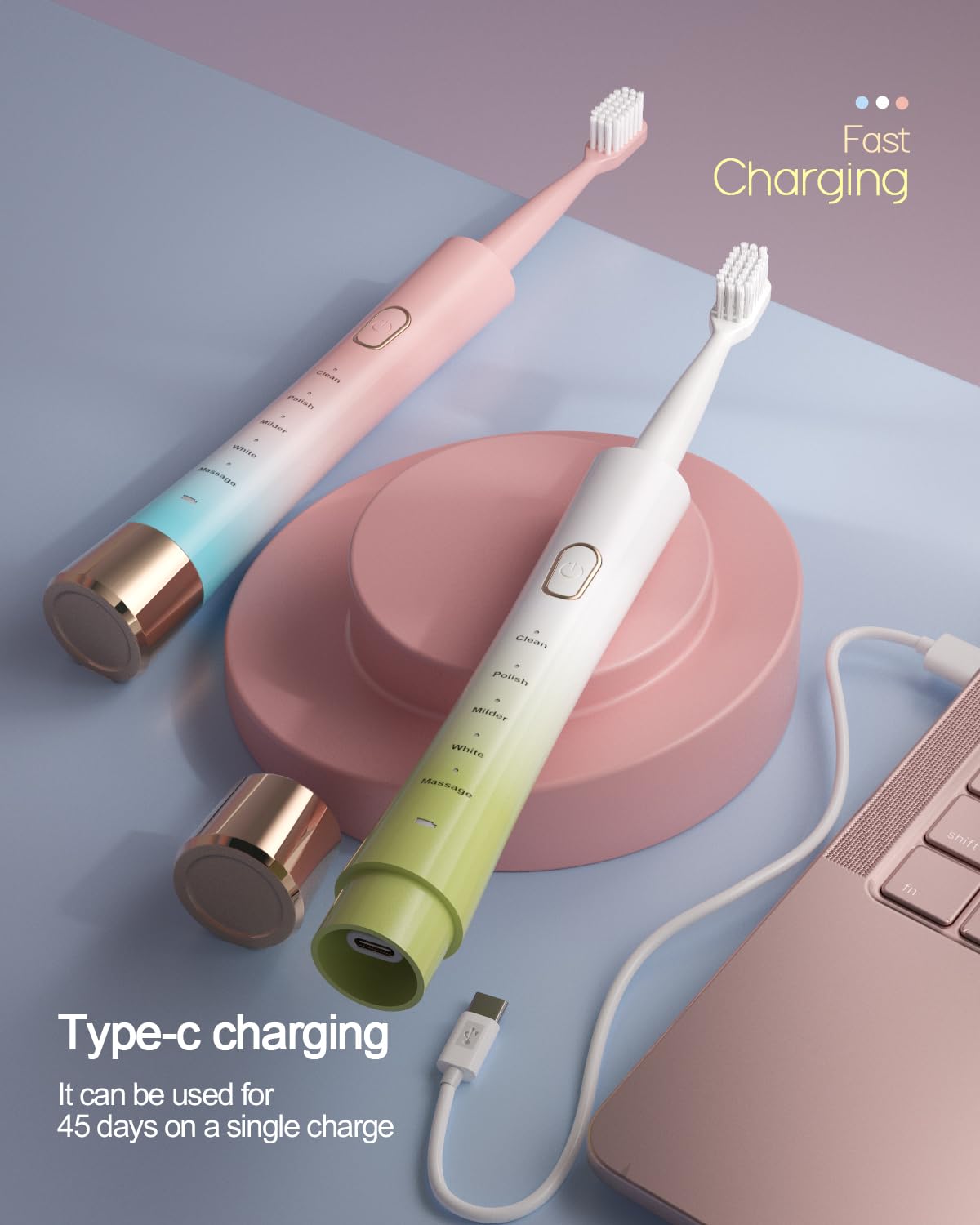 Sonic Electric Toothbrush for Adults, USB Rechargeable Sonic Toothbrush with 8 Brush Heads, Smart Timer, 5 Modes, 2-Hour Fast Charge Last 30 Days, Pink