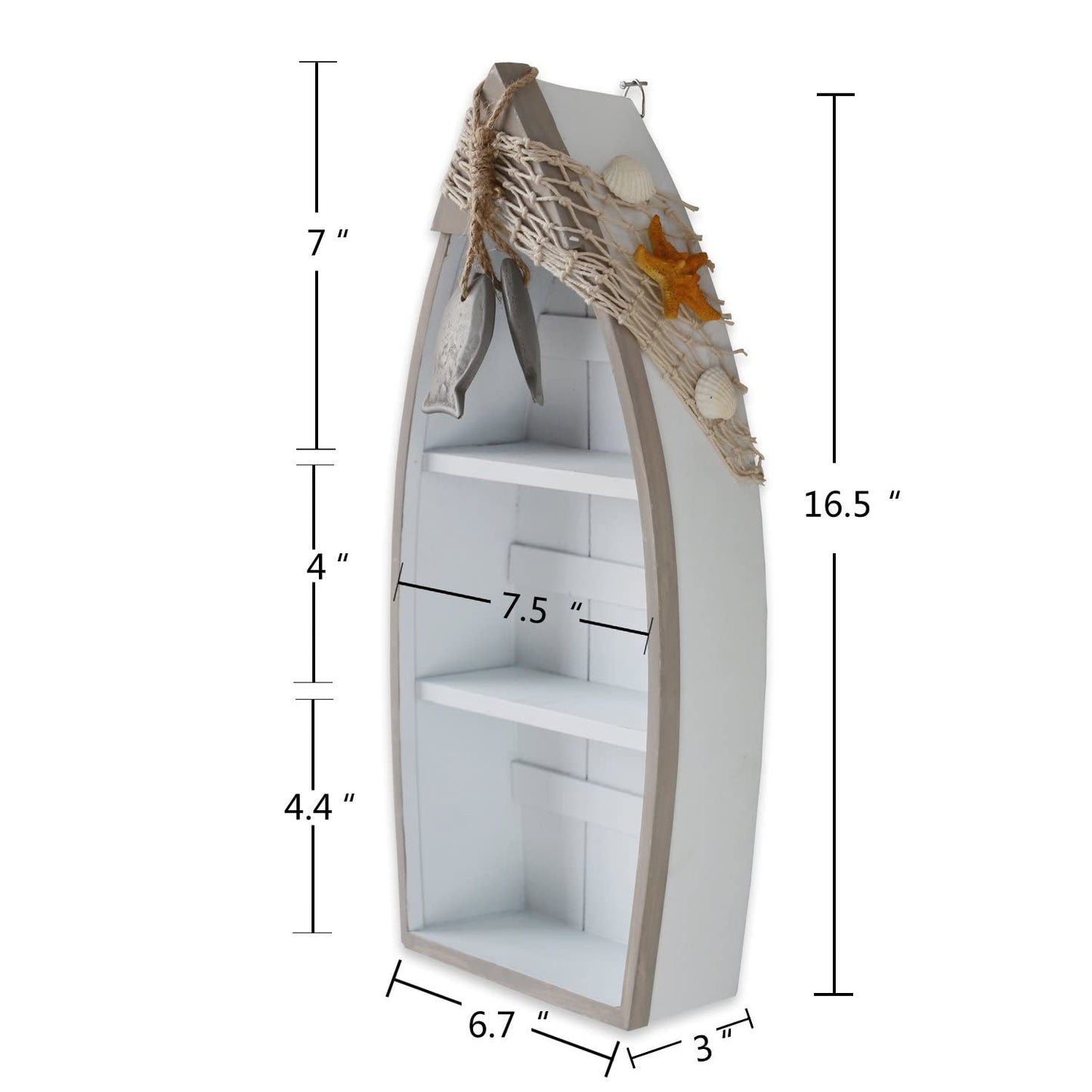 Morning View 2-Shelf Wood Boat Shelf, Nautical Decor with Fishing Net, Starfish, Seashells - Wall Mount or Tabletop Display - Beach Themed Home Decor, White, 6.7x3x16.5 Inch