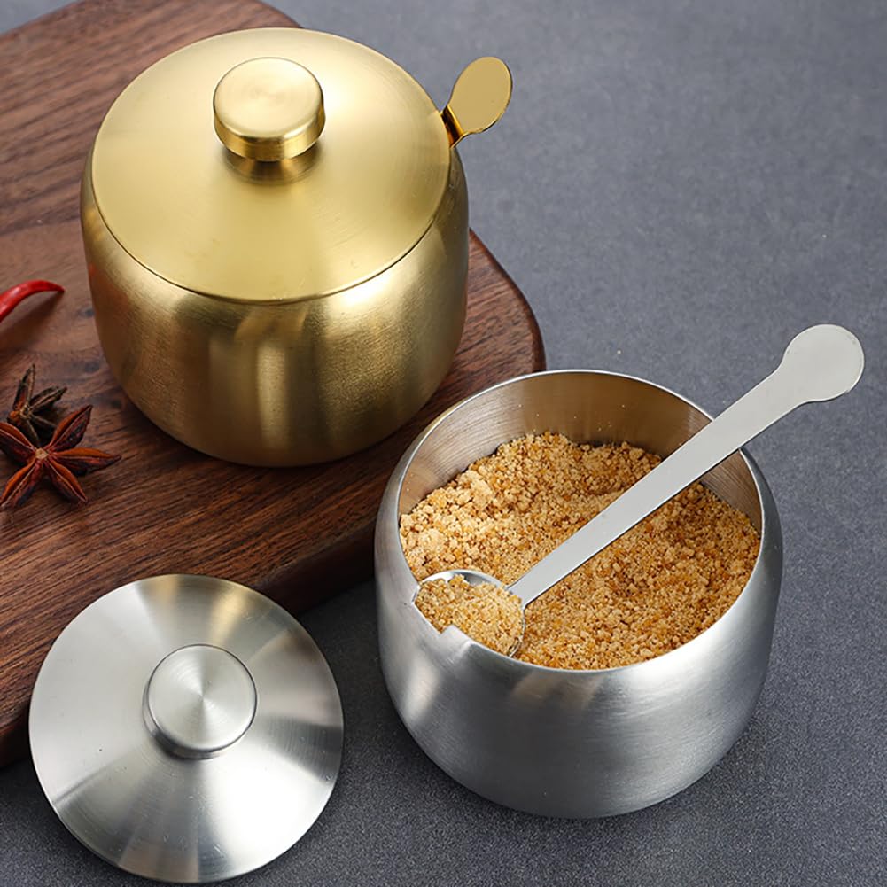 GSHLLO 15 oz Stainless Steel Sugar Bowl with Lid Spoon Round Sugar Jar Pot Salt Storage Holder Jars Kitchen Condiment Canisters Metal Seasoning Spice Containers for All Kinds of Spices Silver