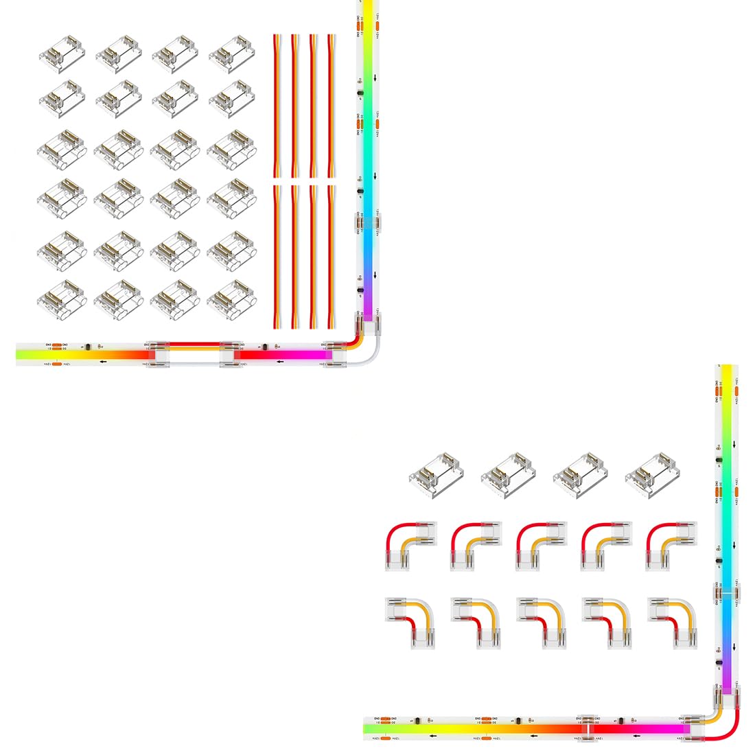 BTF-LIGHTING 3Pin 12mm Width Transparent Connector Kit, L-Shaped/Corner Connector Kit Only Support FCOB SPI WS2811 720LED/m RGB (+ DI GND) 3 Wires LED Strip