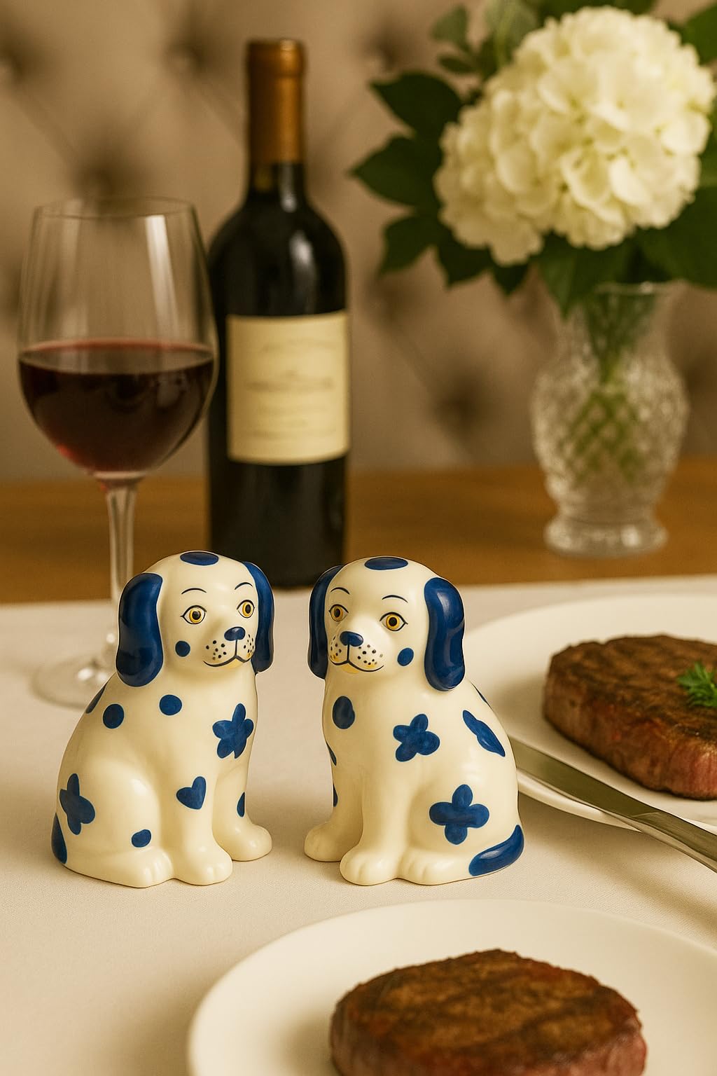 Staffordshire Dogs Chinoiserie Decor Blue Decorative Salt Pepper Shakers Set - Hand-Painted Ceramic
