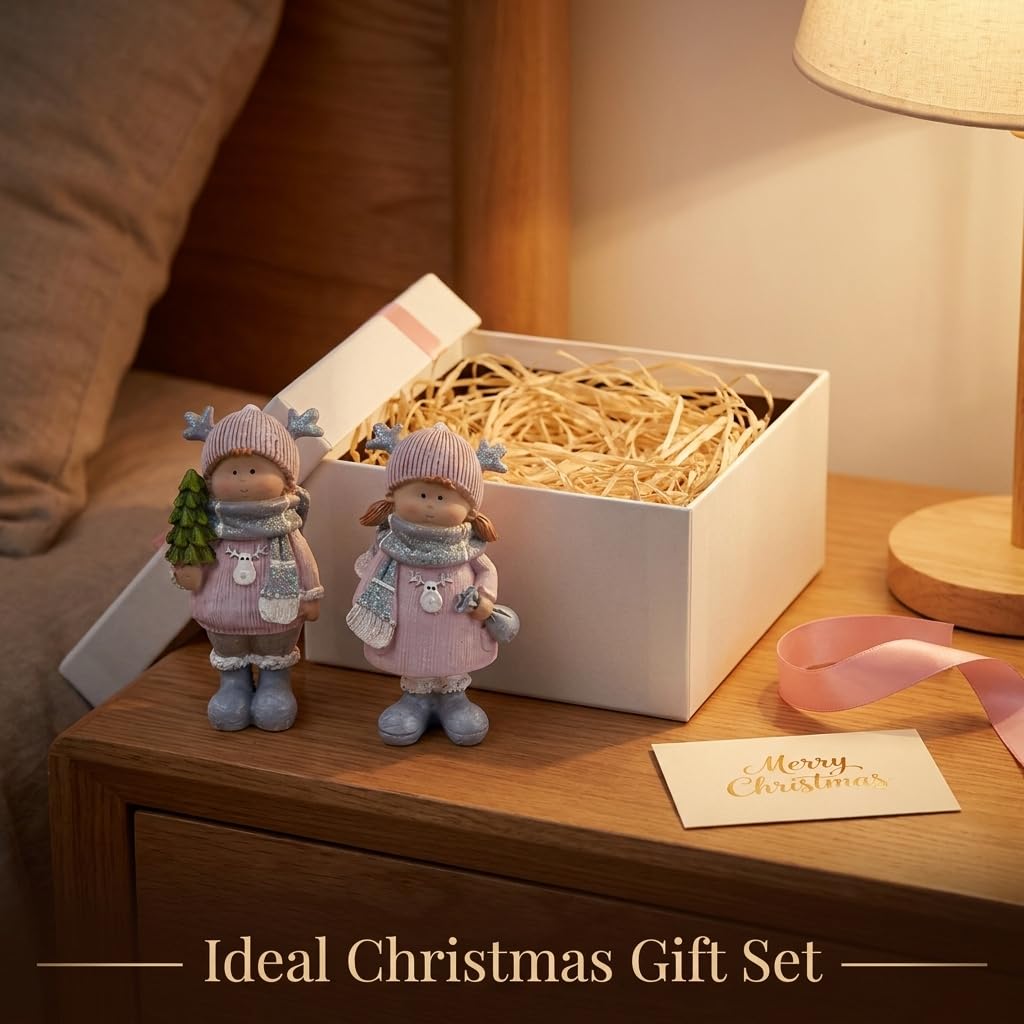 Brizoria Christmas Home Decor Set of 2 Resin Mini Sculptures with Reindeer Hats, Cute Female Themed Winter Ornaments for Mantel, Tiered Tray & Indoor Tabletop Christmas Decor
