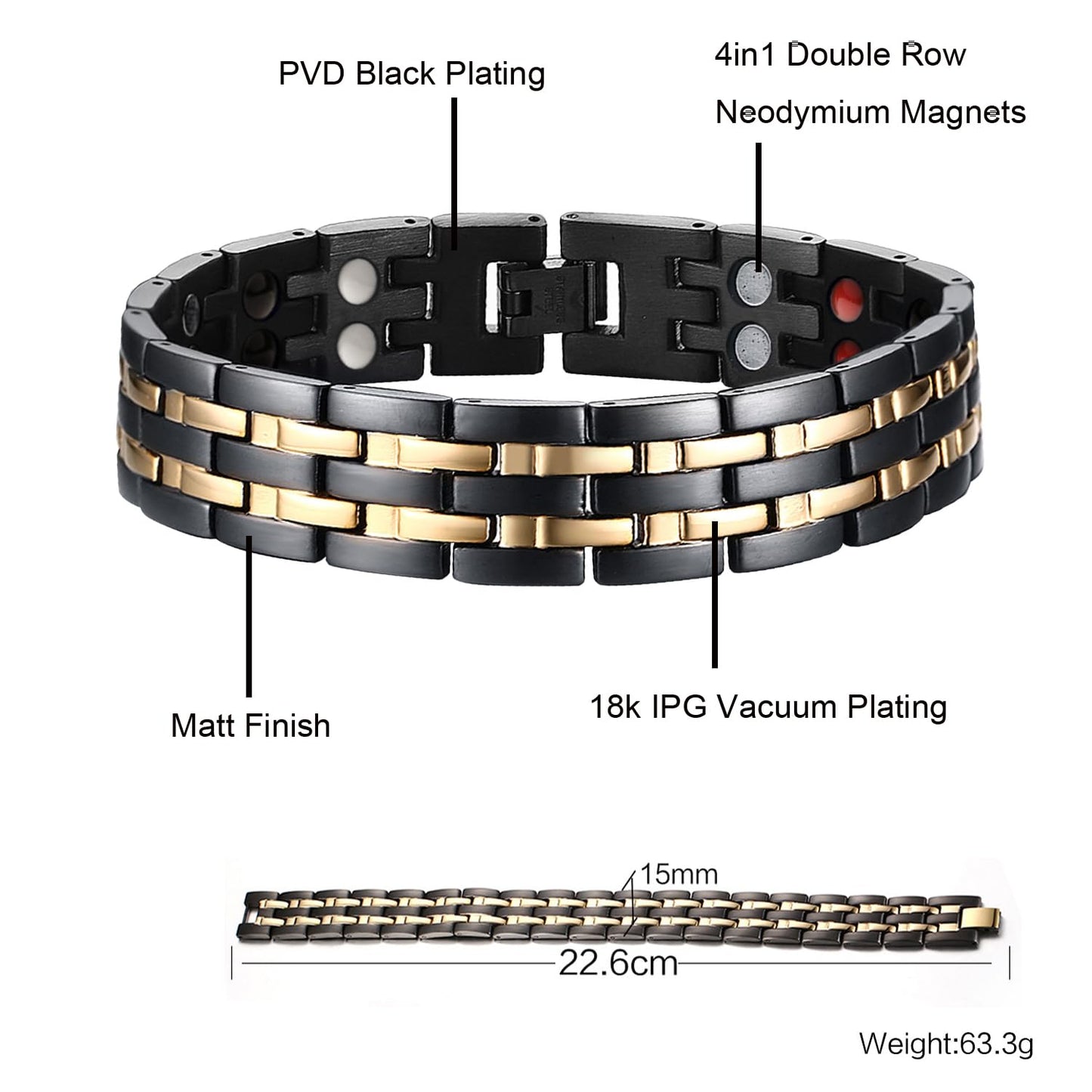 JFUME Magnetic Bracelets for Men 18k Gold Plating and PVD Black Stainless Steel with Link Removal Tool 8.5" Adjustable