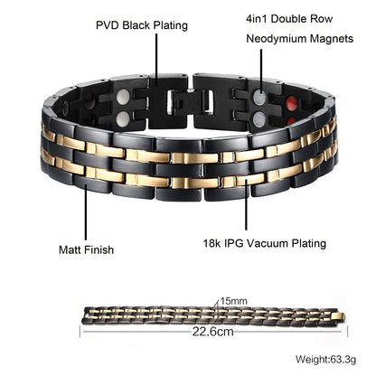 JFUME Magnetic Bracelets for Men 18k Gold Plating and PVD Black Stainless Steel with Link Removal Tool 8.5" Adjustable