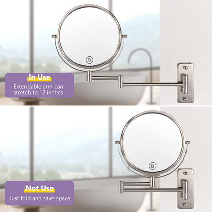 ALHAKIN 9" Wall Mounted Lighted Makeup Mirror, Large Rechargeable 1X/10X Magnifying Mirror with 3 Color Lights Dimmable, 360° Rotation, Nickel