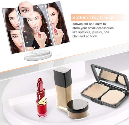 PUVLISZ Vanity Cosmetic/Makeup Mirror with 22 LED Lights, Touch Screen, Magnification Tri-Fold 2X 3X Magnifying, 180° Free Rotation, Dual Power Supply White