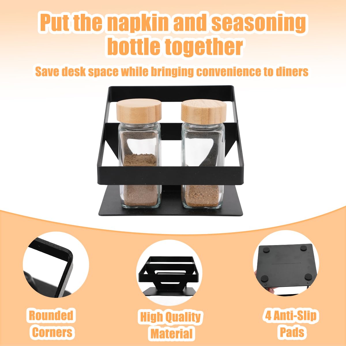 Napkin Holder for Table, SHAIDOJIO Metal Napkin Holder with Salt and Pepper Shakers Cadddy, Standing Paper Napkins Storage for Kitchen Dining Table Centerpiece Decor (Black)