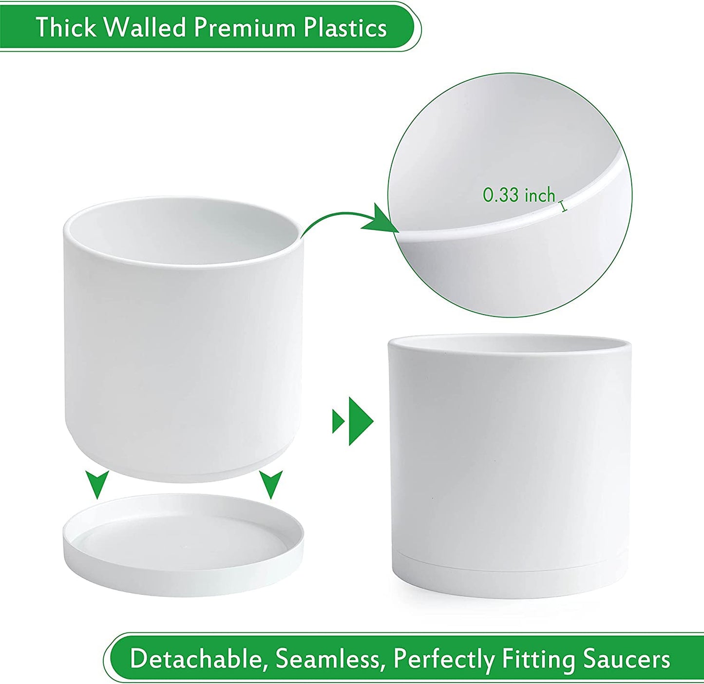 D'vine Dev 12 Inch Plastic Planter Pots for Plant Pot with Drainage Hole and Seamless Saucers, White Color, 74-X-A-3