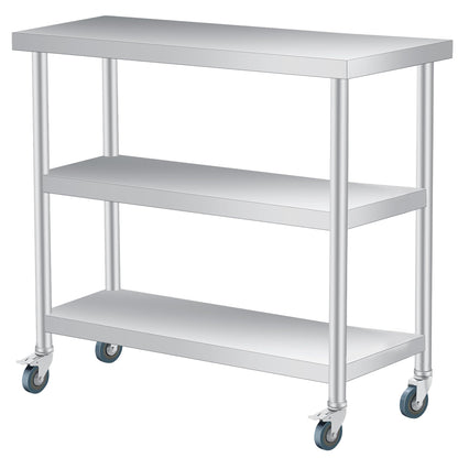 ExploreHorizon Stainless Steel Work Table with Wheels, 3-Shelf Commercial Food Prep Table 18x36x34 Inch, Rust-Resistant Metal Utility Table for Kitchen, Restaurant, Garage, Warehouse, Indoor, Outdoor
